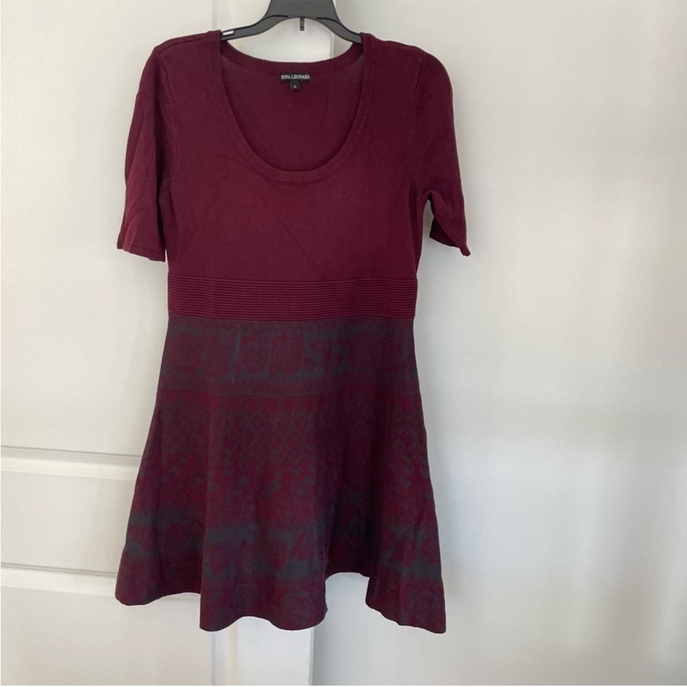 Nina Leonard 3/4 Sleeve Scoop Neck Sweater Dress Maroon Size L